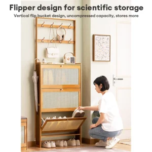 Bamboo Rattan Flip Shoe Cabinet 3 Doors
