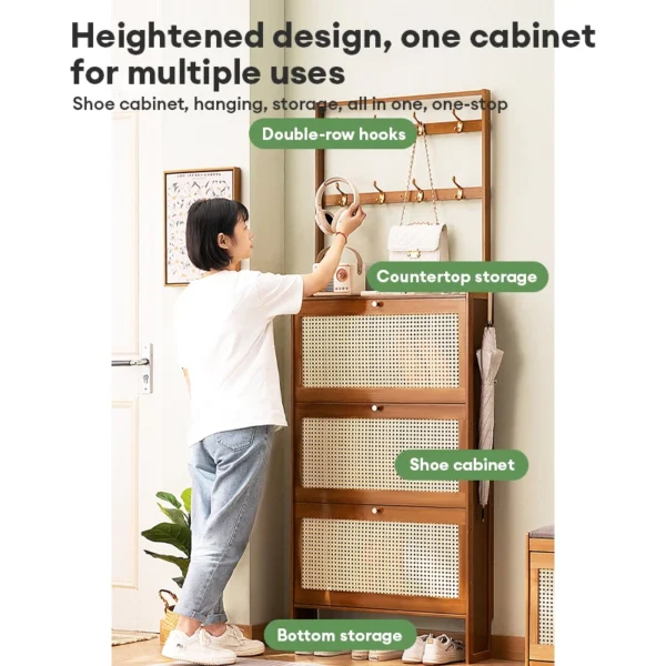 Bamboo Rattan Flip Shoe Cabinet 3 Doors