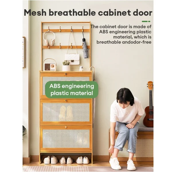 Bamboo Rattan Flip Shoe Cabinet 3 Doors