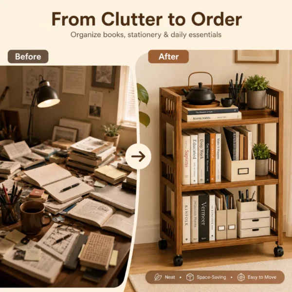 Bamboo Rattan Trolley Storage Rack