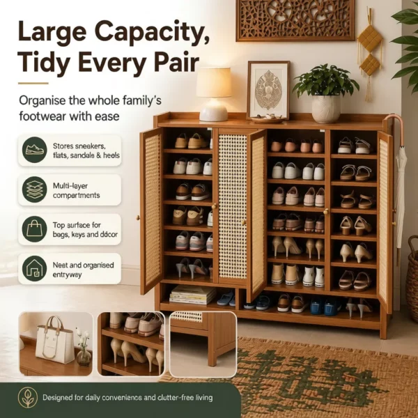 Bamboo Rattan Shoe Cabinet 4 Doors