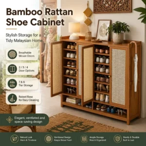 Bamboo Rattan Shoe Cabinet 4 Doors